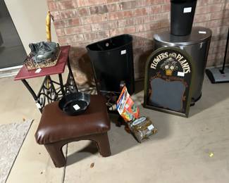 stool, magazine rack, trash can