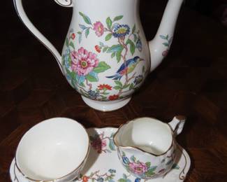 Aynsley teapot, sugar, creamer and tray set.