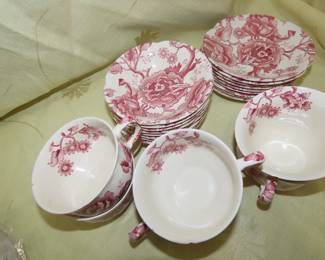 English Chippendale. Johnson Bros. Tea cups/saucers and dessert dishes.
