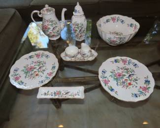 Aynsley teapot, sugar, creamer and tray set, two cake plates,  large bowl and vase/ginger jar.