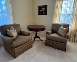 Thomasville Upholstered Armchairs (35"W x 33"D x 30" Back Height) & Thomasville 2 Drawer Drum Accent Table (36"D x 30"H) 