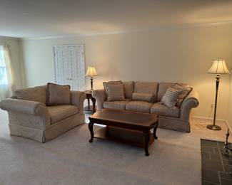 Haverty's 3 Seat Upholstered Sofa (100"W x 40"D x 32" Back Height) & Haverty's 1 Seat Loveseat (60"W x 40"D x 32" Back Height) with Inlaid Rectangular Coffee Table (50"L x 30"W x 20"H)
