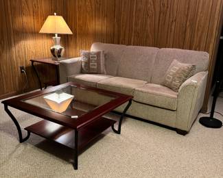 Ashley Furniture Upholstered Sofa (80"W x 36"D x 35" Back Height) with Ashley Furniture Square 2 Tiered Glass Top Coffee Table & Ashley Furniture 2 Tiered Glass Top Side Table (pr)