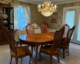 Bernhardt Hibriten Dining Table (64"L x 43"W x 29"H with 2 Leaves 18"L each) & Bernhardt Hibriten Cane-Back Dining Chairs (2 Armchairs & 6 Side Chairs)