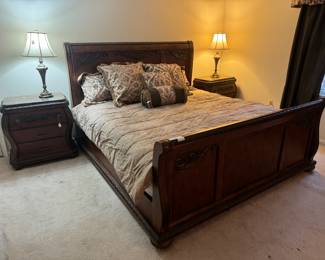 Ashley Millennium Collection Chateau Frontenac Eastern King Bed (Headboard- 80"W x 54"H) with Ashley Millennium Collection Chateau Frontenac Curved Front 3 Drawer Nightstands (28"W x 17"D x 30"H / pair)