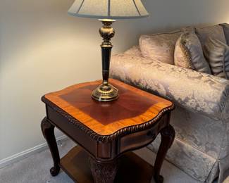 Inlaid 1 Drawer Side Table (28"L x 24"W x 25"H) with Studio Bill Blass Brass Table Lamp