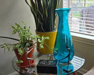 Glass Top Coffee Table - Large Turquoise Vase - Mither in law plant - Lots of beautiful plants