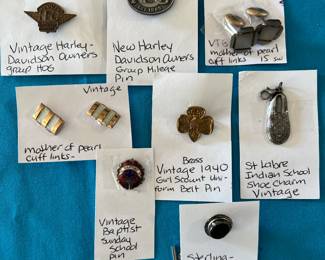 Mixed vintage metals and jewelry, including Harley, Davidson, Girl Scouts and Sterling silver