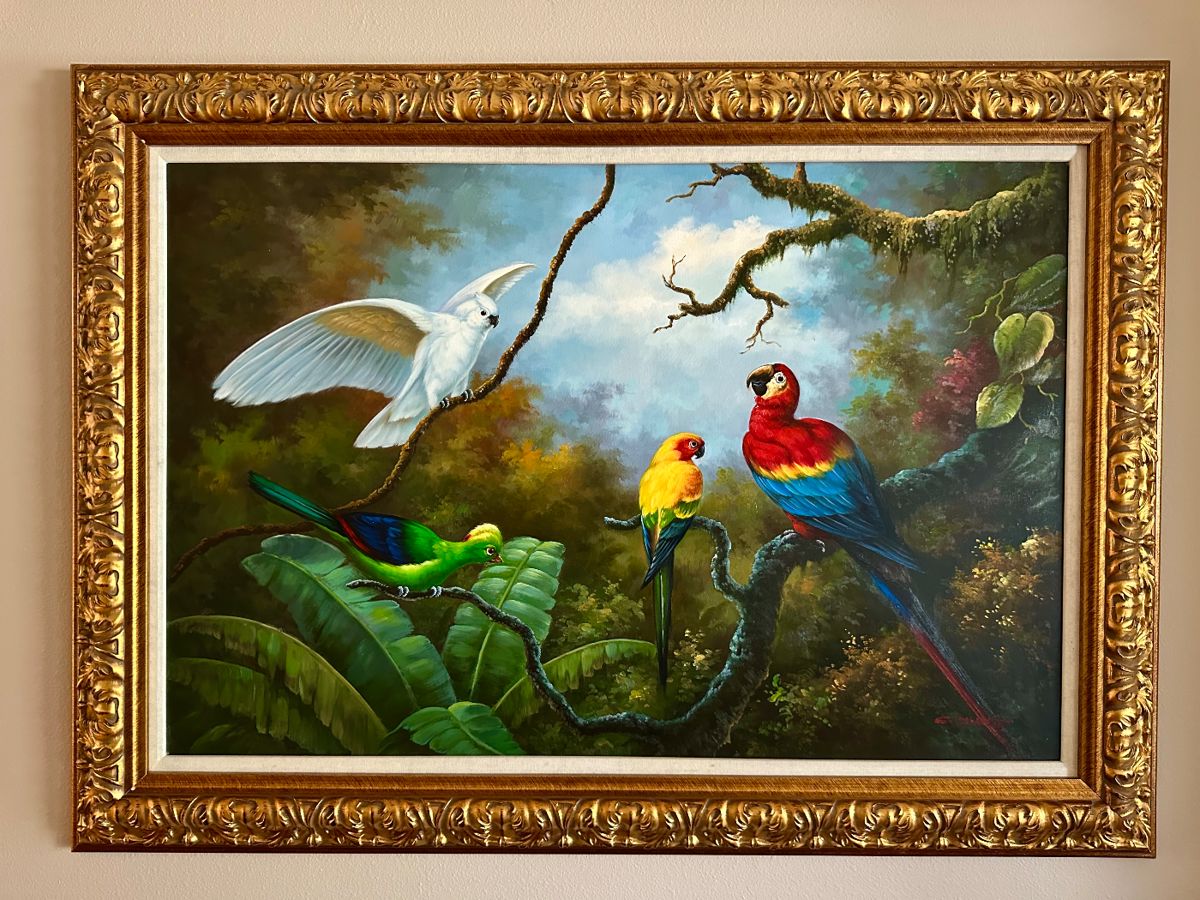 C. Hunt Tropical Birds Painting, 44" w x 31 3/4" h x 2 1/2"d, $495