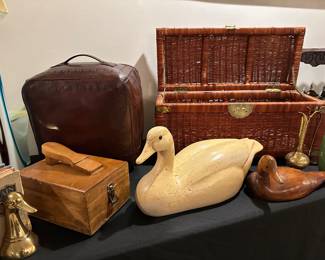 Leather Pouf Made in Peru, Woven Rattan Chest with Brass Hardware, Duck Decoys, and Shoe Shine Box