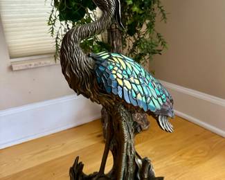 Tiffany Style Stand Glass Heron Figure Lamp