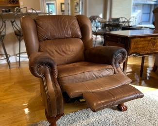 La-Z-Boy Leather Recliner – Clawfoot & Nailhead Trim, 39" w x 43 1/2" h x 36" d when reclined 65" d, $250