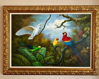 C. Hunt Tropical Birds Painting, 44" w x 31 3/4" h x 2 1/2"d, $495