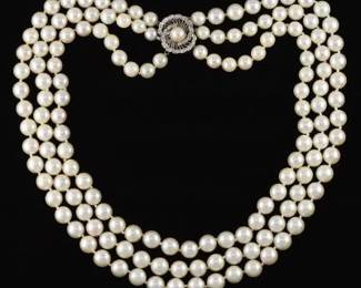 Ladies Vintage Gold, Diamond and Pearl ThreeStrand Necklace 
