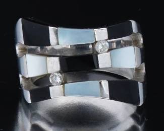 Ladies Gold, Black Onyx, Mother of Pearl and Diamond Checkerboard Ring 