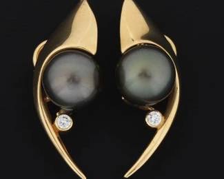 Ladies Pair of Gold, South See Pearl and Diamond Abstract Earrings 