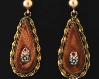 Antique Pair of Gold, Gold Filled, Gold Sand Gem and Micromosaic Dangle Earrings 