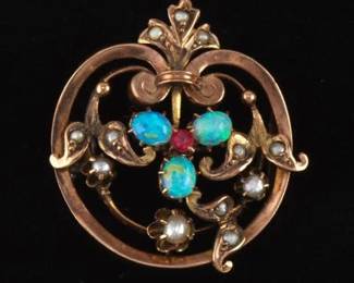 Victorian Gold, Opal, Pink Tourmaline and Seed Pearl Pin Brooch 