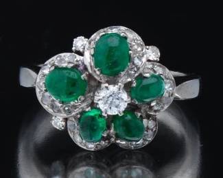 Ladies Art Deco Platinum, Emerald and Diamond Ring 