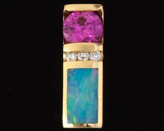 White Opal, Diamond, and Pink Sapphire Slider Pendant 