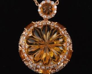 Ladies Gold, fancy Cut Amber Citrine and Diamond Pendant on Chain 