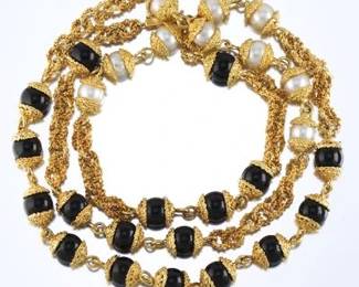 Ladies Renaissance Revival Style Italian 18K Gold, Pearls and Black Onyx Long Regal Necklace 