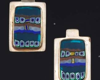 Artisan Pair of Large Sterling Silver and Murano Style Insert Earrings 