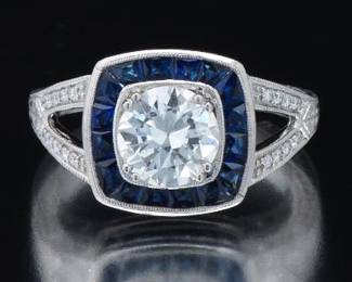Ladies Art Deco Style Platinum, Diamond and Blue Sapphire Ring 