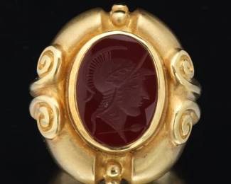 Ladies Impressive Gold and Carnelian Etruscan Revival Style Oversized Ring 