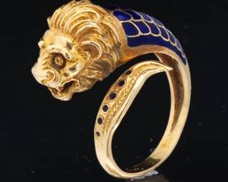 Ladies Gold and Enamel Lion Ring 