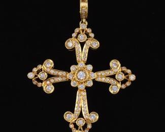 Ladies Spanish Colonial Style 18K Gold and Diamond Cross Pendant 
