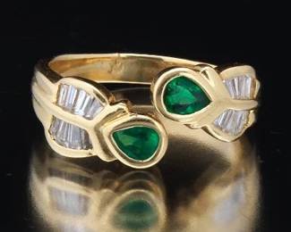 Ladies Gold, Emerald and Diamond Bypass Ring 