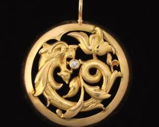 Art Nouveau European 18K Gold and Diamond Dragon Pendant 