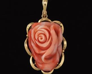 Carved Coral Rose Pendant on Chain 