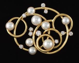 Wachler 18K Gold, Pearl and Diamond Pin brooch 