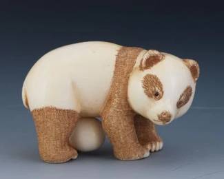 Japanese Carved Bone Panda Signed Okimono