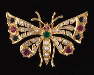 Ladies Vintage Gold, Diamond, Gem Stones and Seed Pearls Butterfly Pin Brooch 