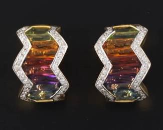 Ladies Pair of Gold, Gem Stones and Diamond Rainbow Earrings 