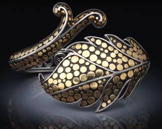 John Hardy 18K Gold and Sterling Silver Large Foliage Scroll Bangle 