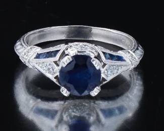 Ladies Art Deco Style Platinum, Blue Sapphire and Diamond Ring 