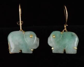 Ladies Pair of Gold and Carved Jade Elephant Earrings 