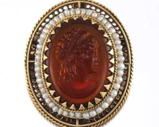 Victorian Style Carved Citrine Cameo and Seed Pearl Pendant Brooch 