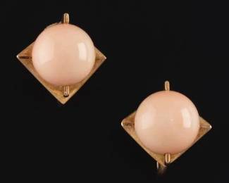 Ladies Retro Pair of Gold and Angel Skin Coral Earrings 