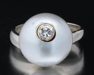 Modernist Pearl and Diamond Ring 