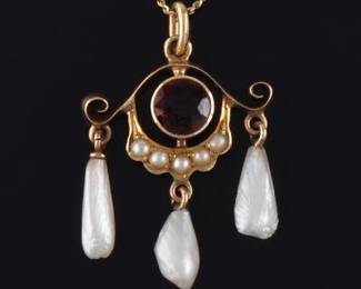 Edwardian Gold, Pearl, and Garnet Pendant on Chain 