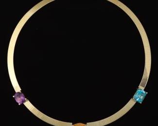 Ladies Italian Gold and Gem Stones Omega Necklace 