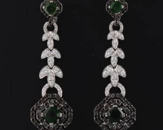 Ladies Pair of Gold, Green Tourmaline, White and Black Diamond Earrings 