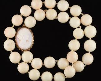 Ladies White and Pink Coral Bead Neckalce with Coral Cameo Clasp 