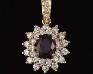 Ladies Gold, Diamond and Red Spinel Pendant 