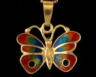 Ladies Italian Gold and Enamel Butterfly Pendant on Chain 